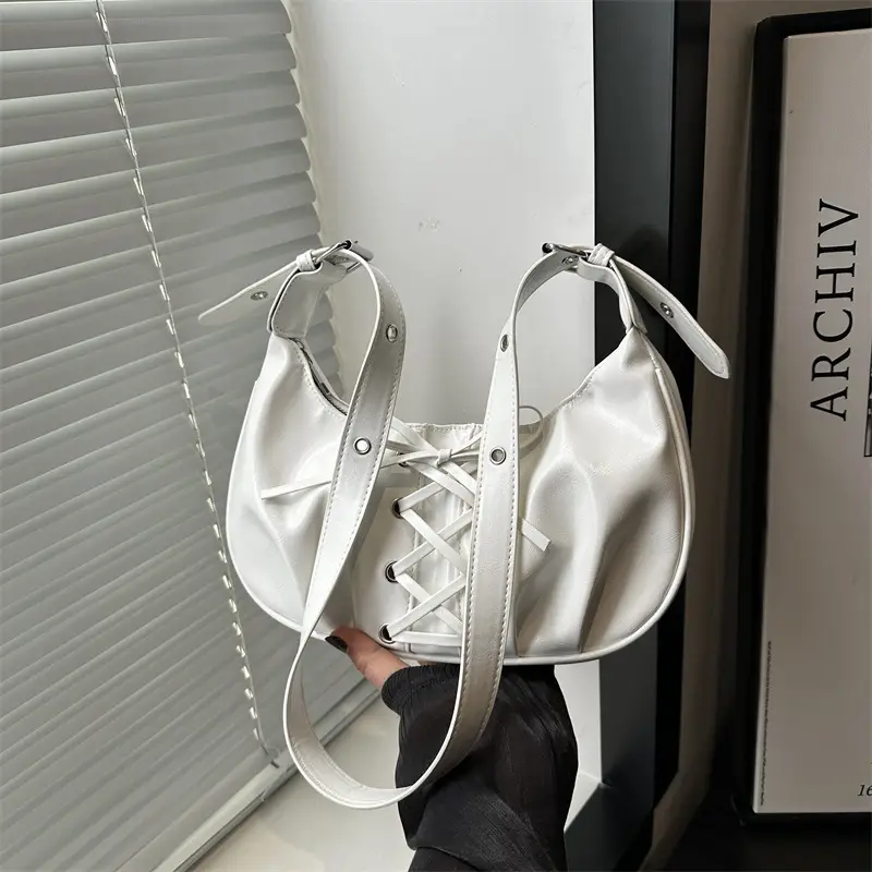 White Pleated Shoulder Bag with Bow Strap for Women - Image 6