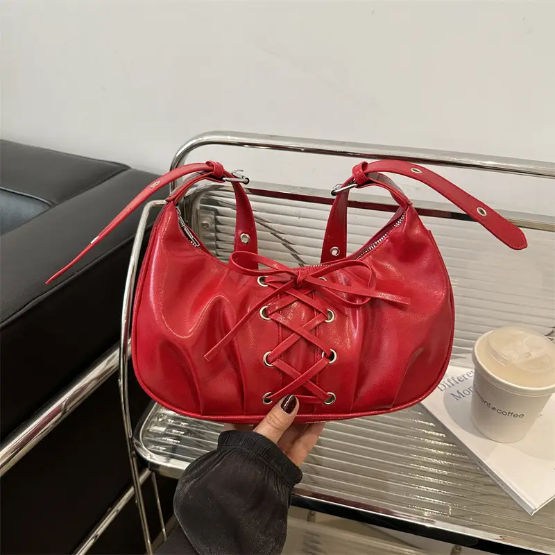 White Pleated Shoulder Bag with Bow Strap for Women - Image 7