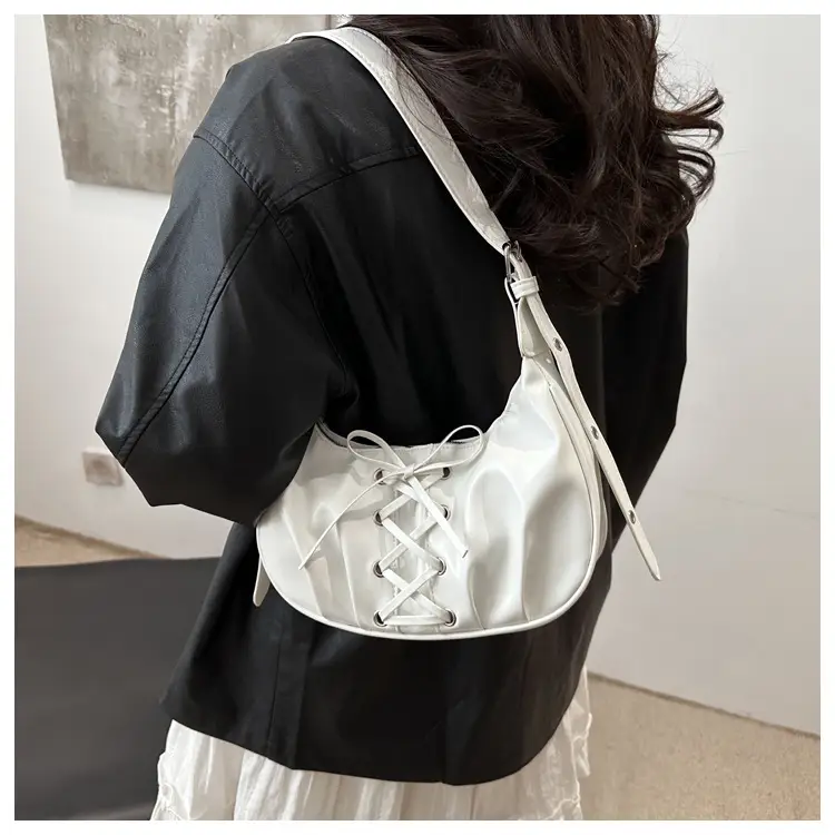 White Pleated Shoulder Bag with Bow Strap for Women — feature 10