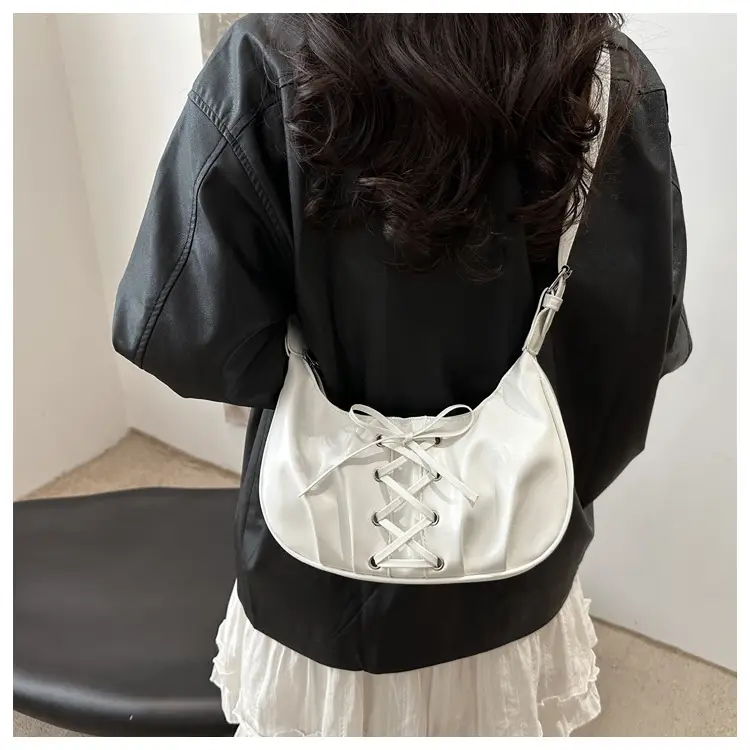 White Pleated Shoulder Bag with Bow Strap for Women — feature 12