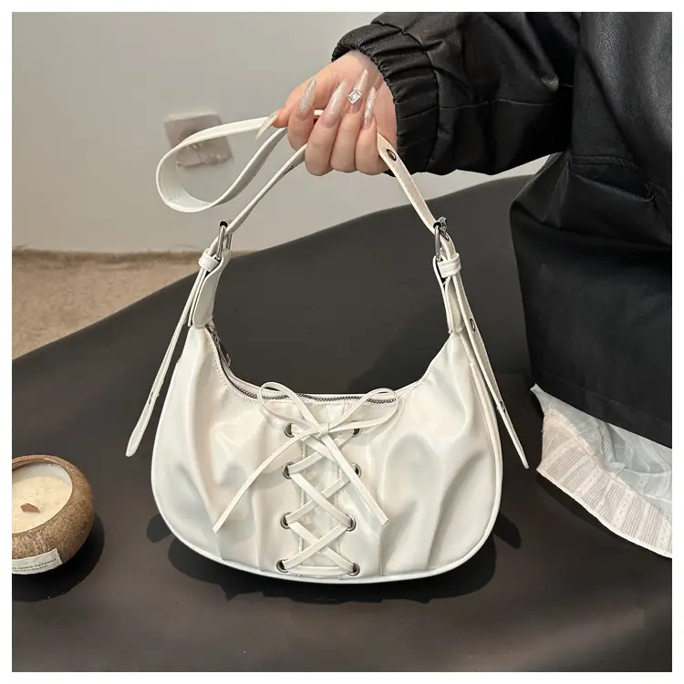 White Pleated Shoulder Bag with Bow Strap for Women — feature 9