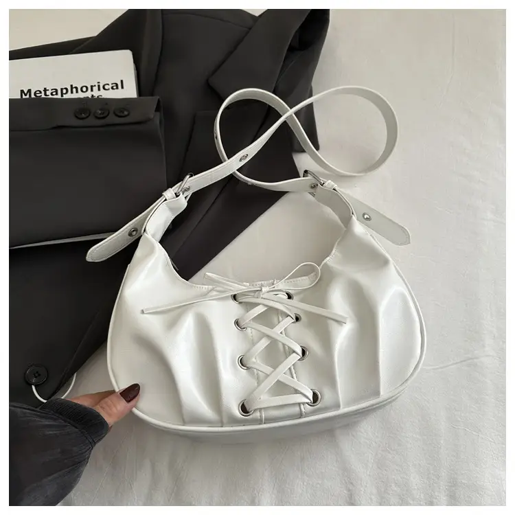 White Pleated Shoulder Bag with Bow Strap for Women - Image 2
