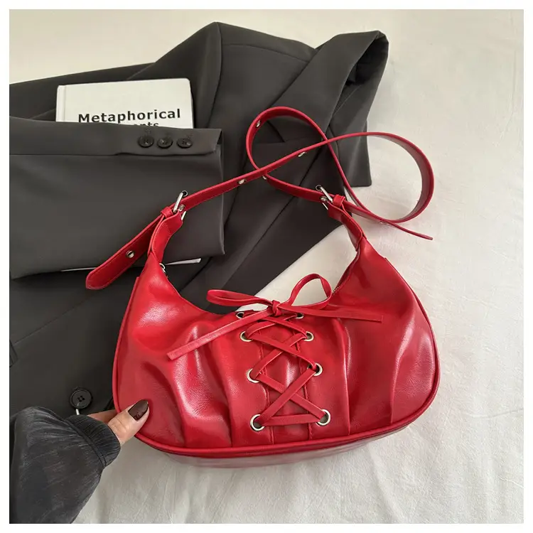 White Pleated Shoulder Bag with Bow Strap for Women - Image 3