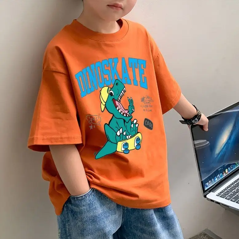 2025 Summer Boys Orange Cotton T-Shirt Short Sleeve Korean Style - Image 7
