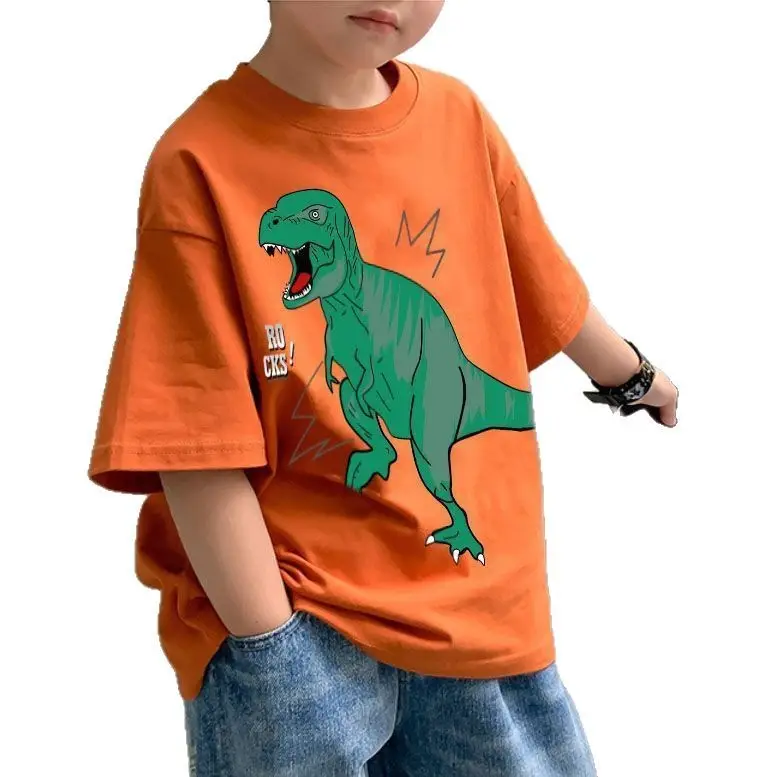 2025 Summer Boys Orange Cotton T-Shirt Short Sleeve Korean Style - Image 23