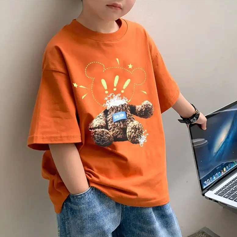 2025 Summer Boys Orange Cotton T-Shirt Short Sleeve Korean Style - Image 10