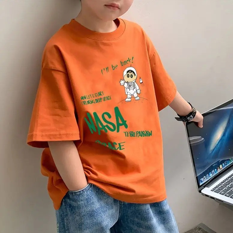 2025 Summer Boys Orange Cotton T-Shirt Short Sleeve Korean Style - Image 11