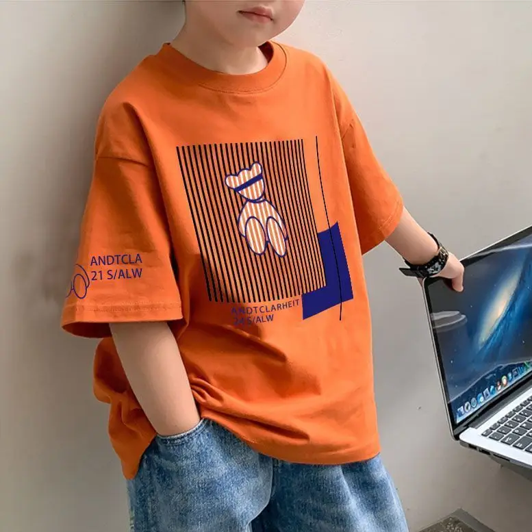 2025 Summer Boys Orange Cotton T-Shirt Short Sleeve Korean Style - Image 12
