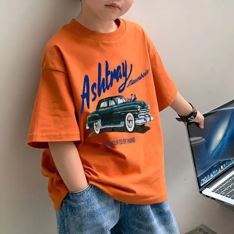 2025 Summer Boys Orange Cotton T-Shirt Short Sleeve Korean Style - Image 13
