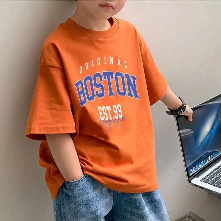 2025 Summer Boys Orange Cotton T-Shirt Short Sleeve Korean Style - Image 15