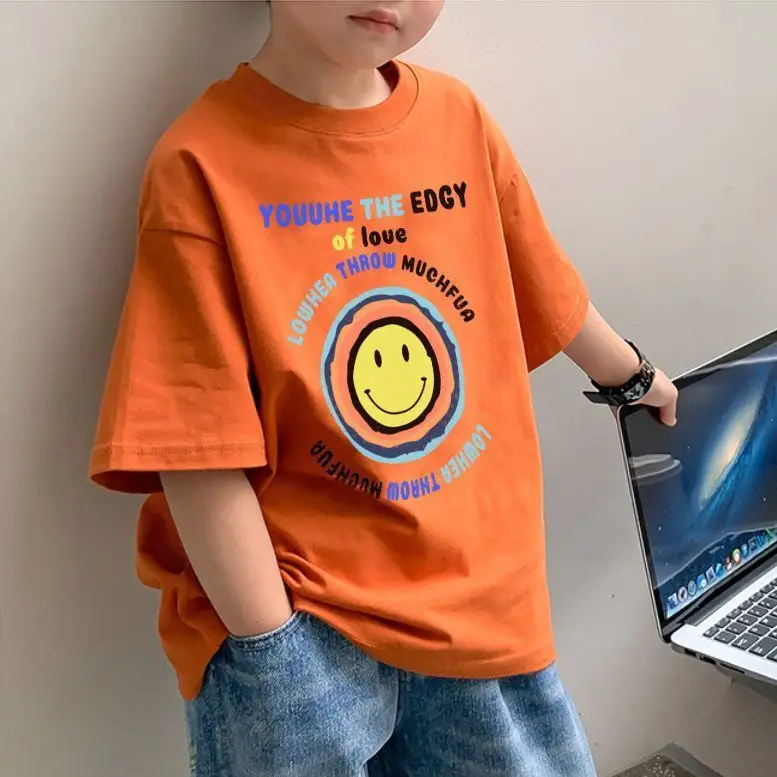 2025 Summer Boys Orange Cotton T-Shirt Short Sleeve Korean Style - Image 17