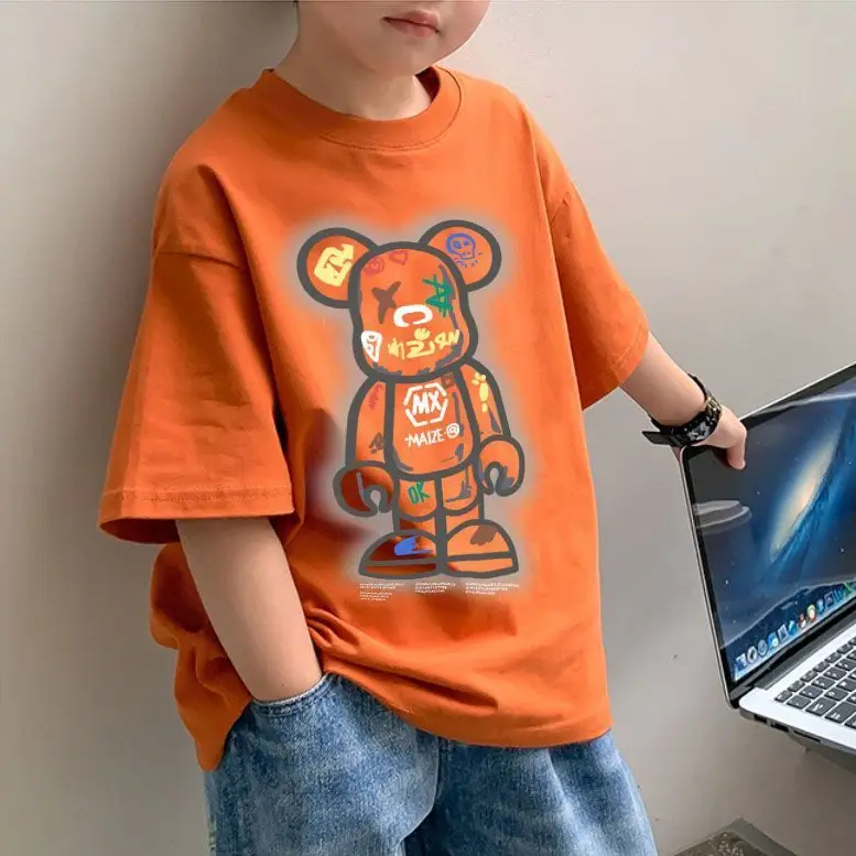 2025 Summer Boys Orange Cotton T-Shirt Short Sleeve Korean Style - Image 4