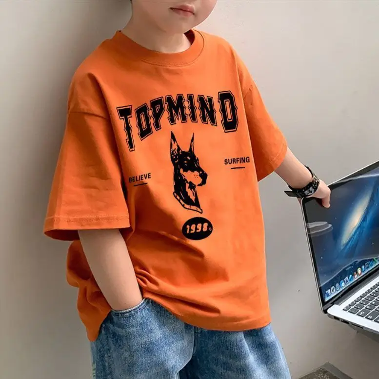2025 Summer Boys Orange Cotton T-Shirt Short Sleeve Korean Style - Image 6