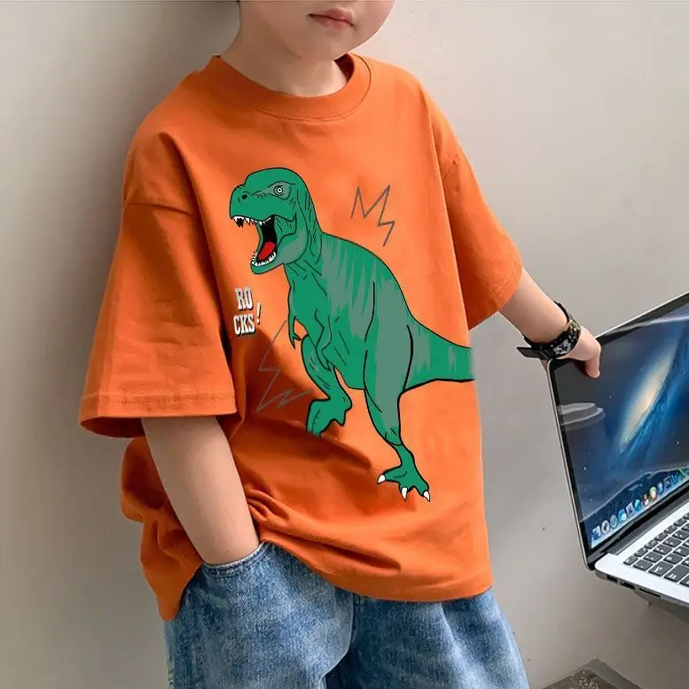 2025 Summer Boys Orange Cotton T-Shirt Short Sleeve Korean Style - Image 8