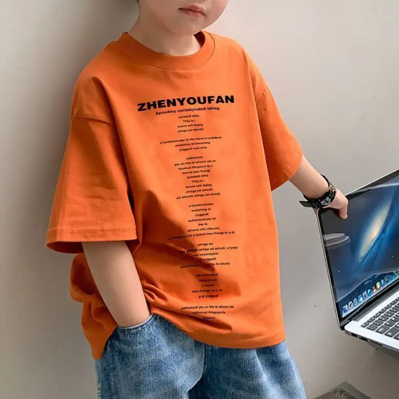 2025 Summer Boys Orange Cotton T-Shirt Short Sleeve Korean Style - Image 9