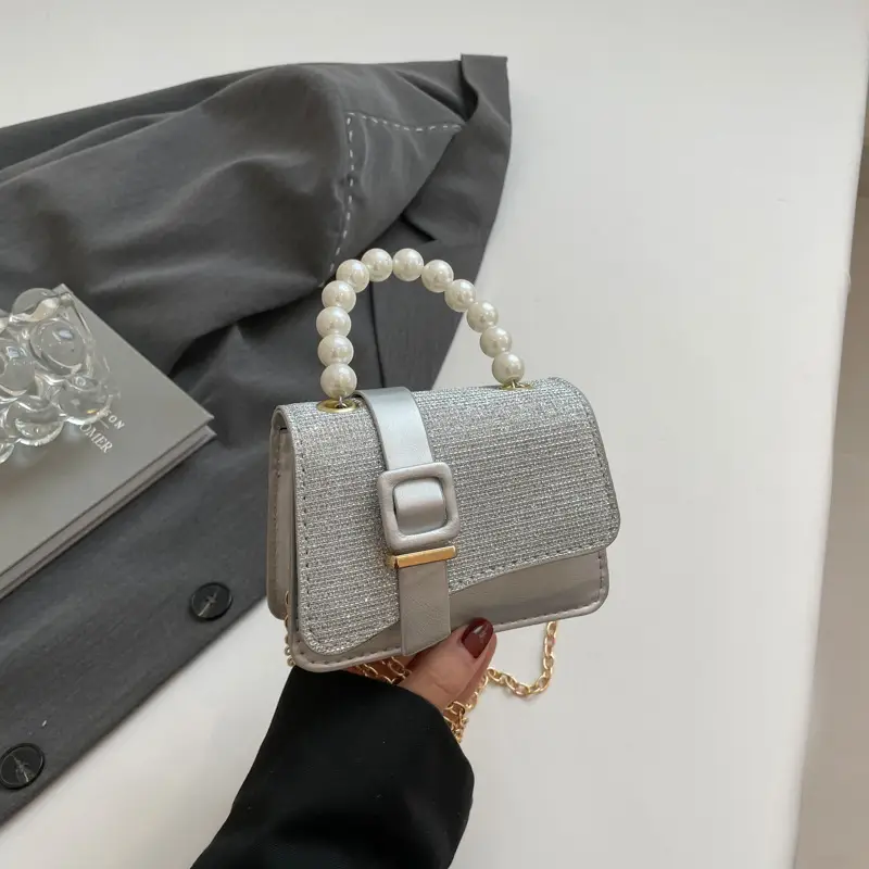 Black Sequined Pearl Crossbody Bag for Women - Image 2
