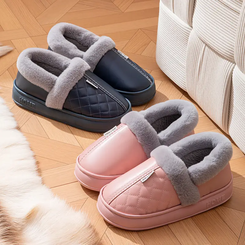 Factory waterproof bag heel PU leather cotton shoes home warm winter non-slip cotton slippers for men and women - Image 6