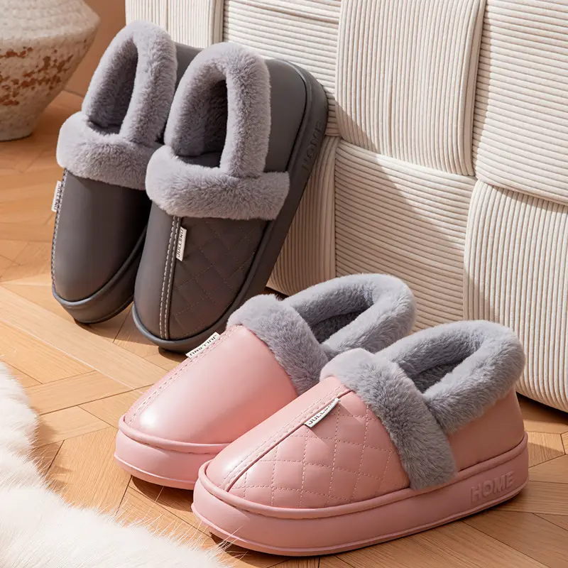 Factory waterproof bag heel PU leather cotton shoes home warm winter non-slip cotton slippers for men and women - Image 7