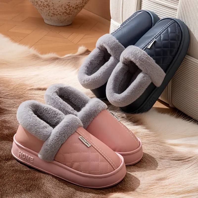 Factory waterproof bag heel PU leather cotton shoes home warm winter non-slip cotton slippers for men and women - Image 8