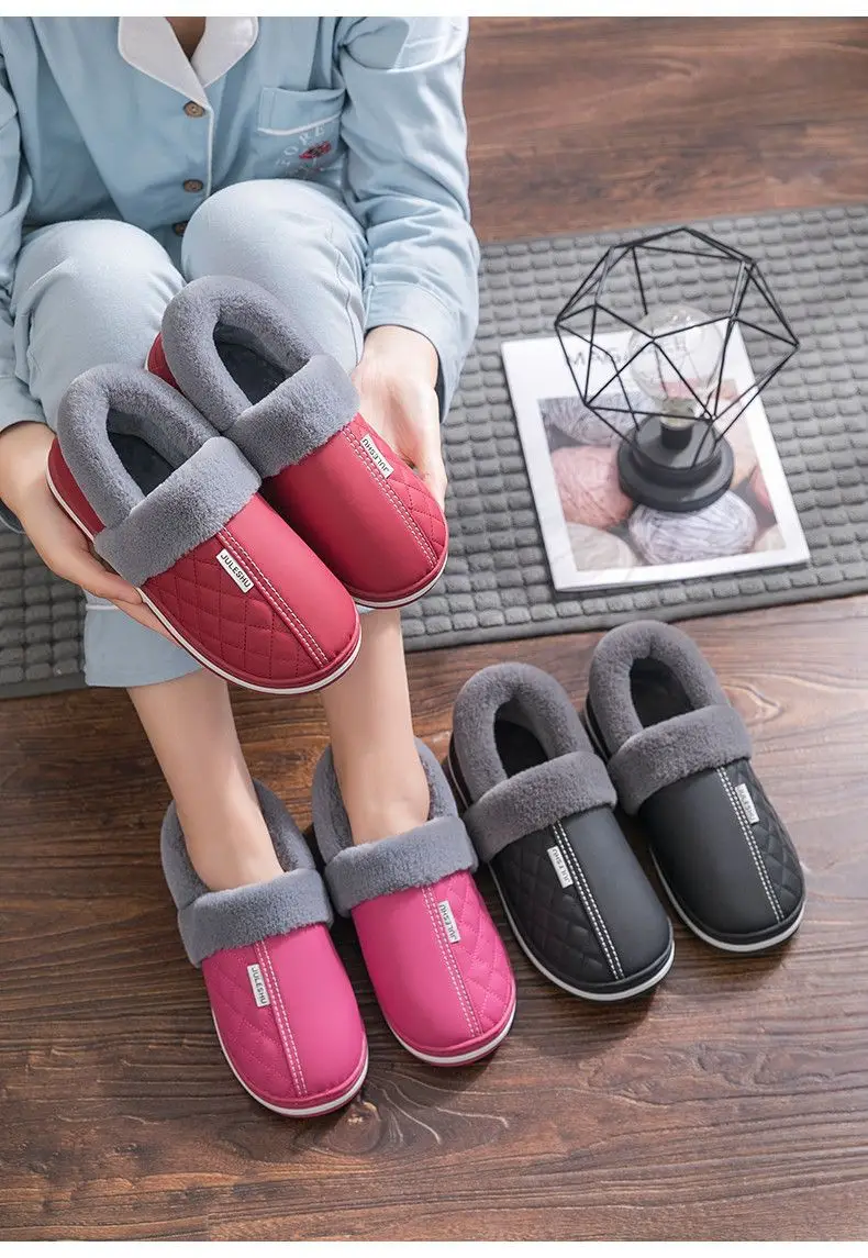 Factory waterproof bag heel PU leather cotton shoes home warm winter non-slip cotton slippers for men and women — feature 23