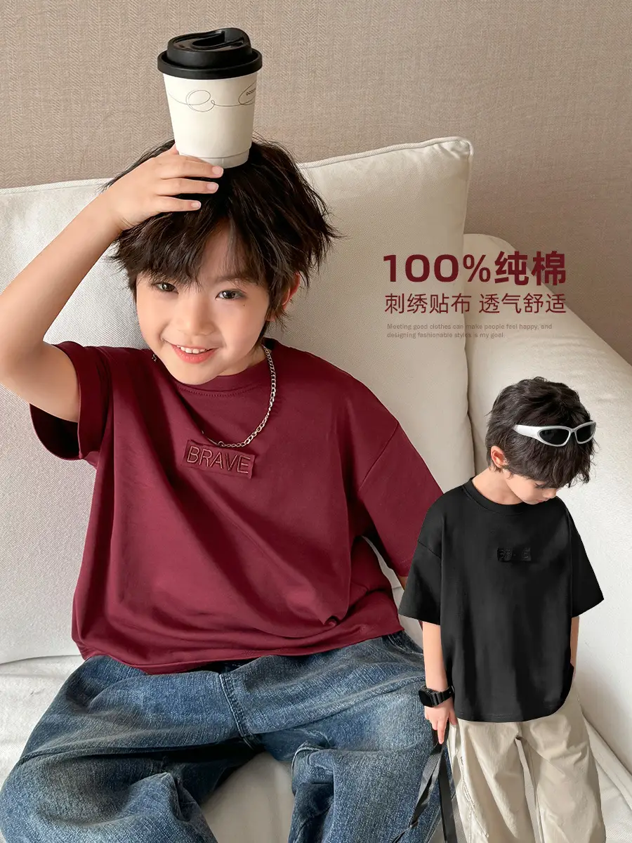 Boys Pure Cotton Summer T-Shirt Solid Color Korean Style - Image 8