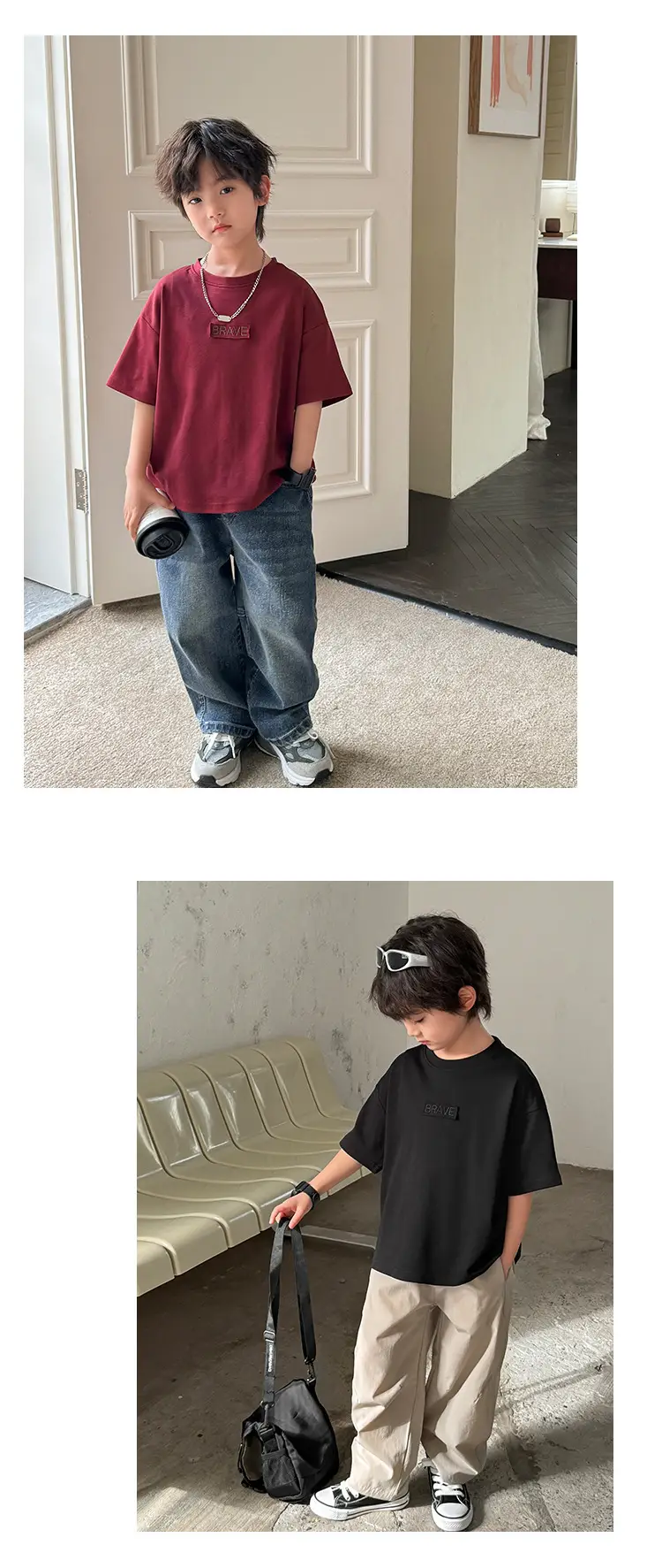 Boys Pure Cotton Summer T-Shirt Solid Color Korean Style — feature 14