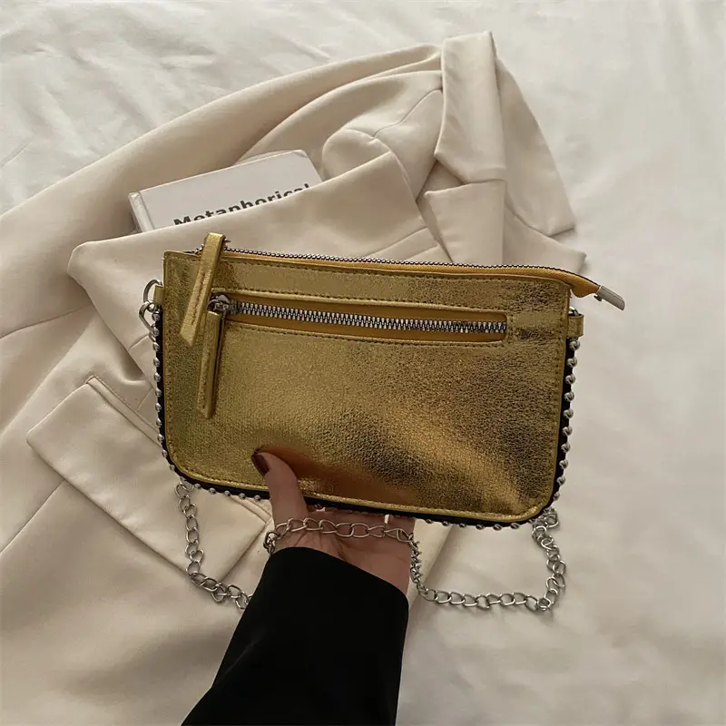 Gold Metallic Crossbody Bag with Chain Strap - Image 7