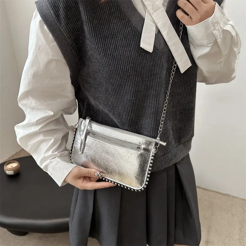Gold Metallic Crossbody Bag with Chain Strap - Image 8