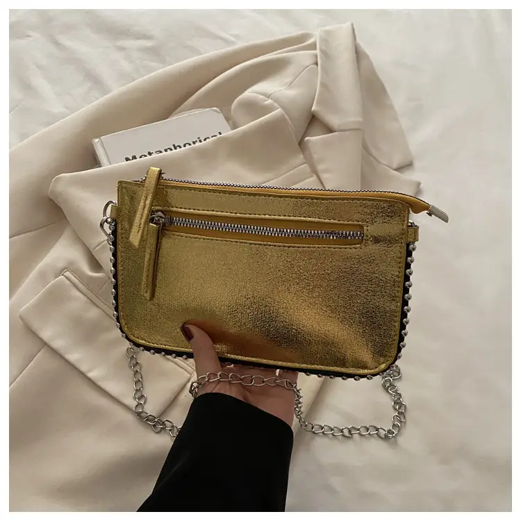 Gold Metallic Crossbody Bag with Chain Strap - Image 2