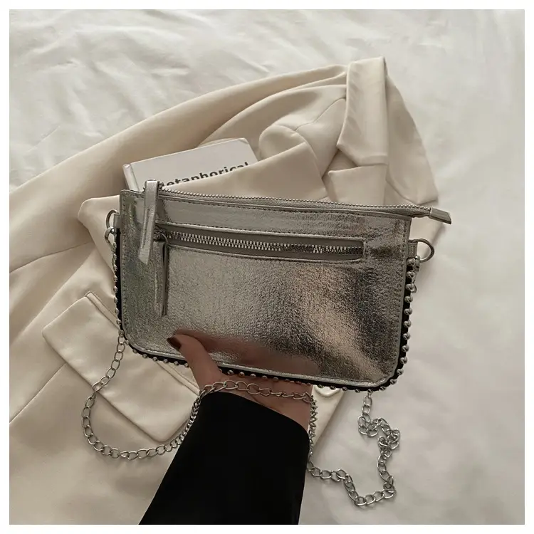 Gold Metallic Crossbody Bag with Chain Strap - Image 3