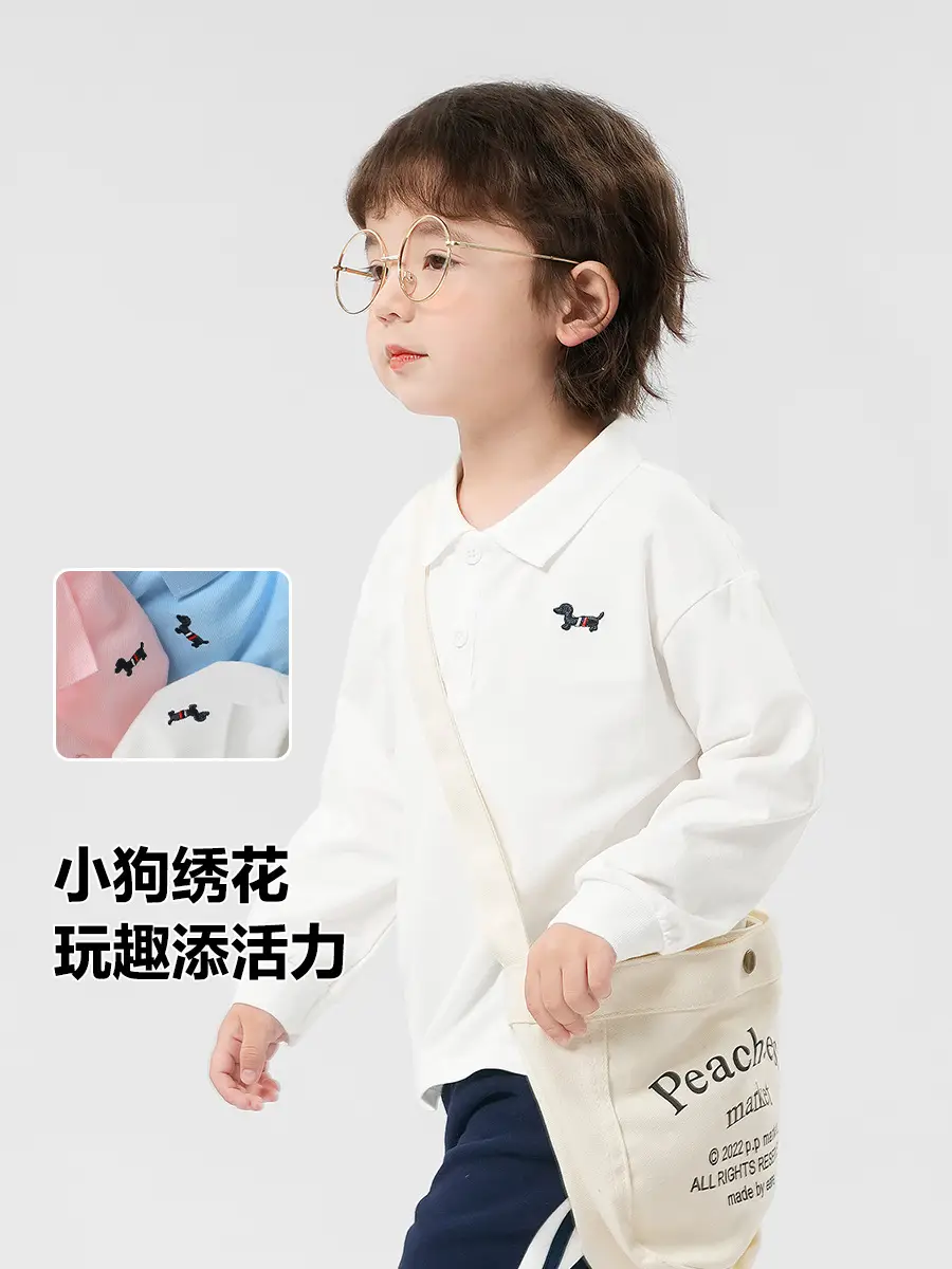 Right Euro Boys White Antibacterial Polo Shirt Long Sleeve Spring Autumn