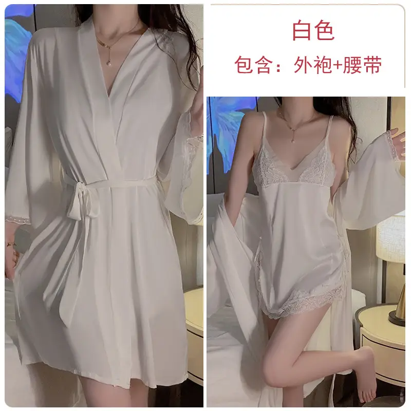 White Lace Nightgown Belted Sling Set for Women - Image 2
