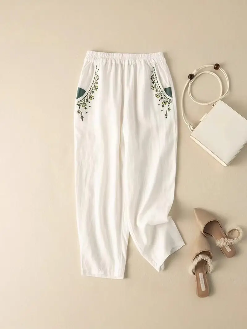 Women Cotton Linen Vintage Embroidered Carrot Pants 2025 - Image 6