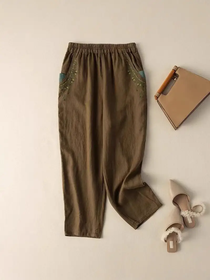 Women Cotton Linen Vintage Embroidered Carrot Pants 2025 - Image 7