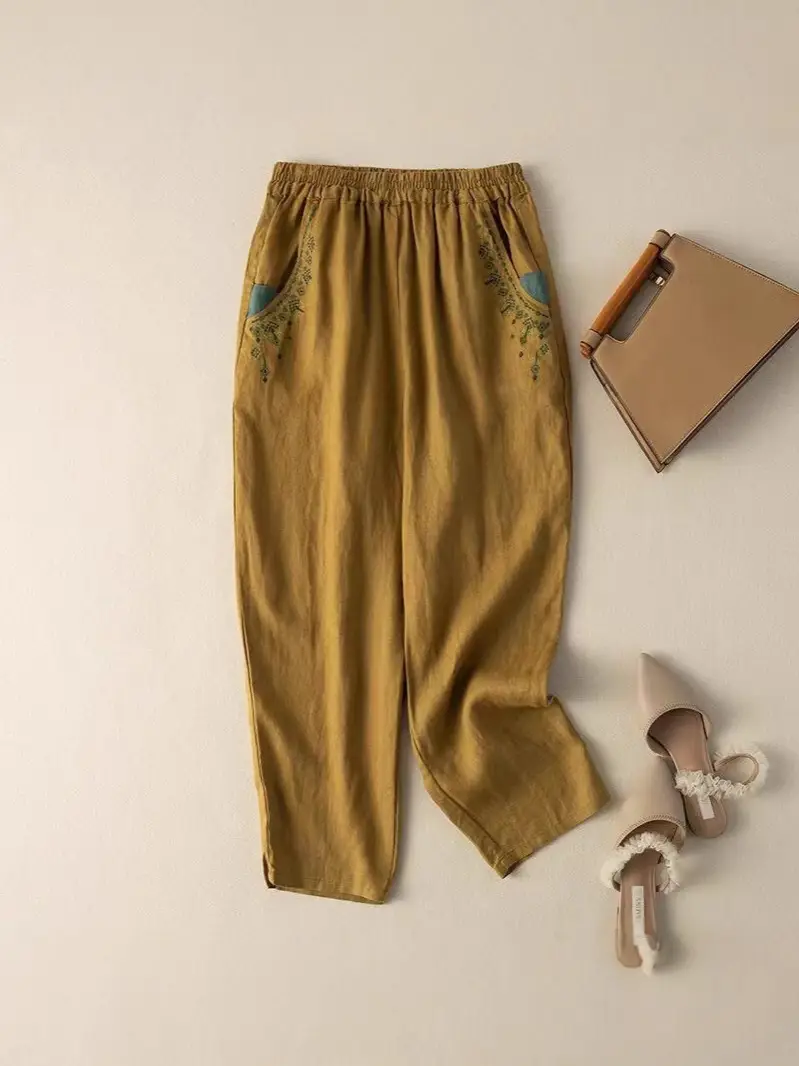 Women Cotton Linen Vintage Embroidered Carrot Pants 2025 - Image 8