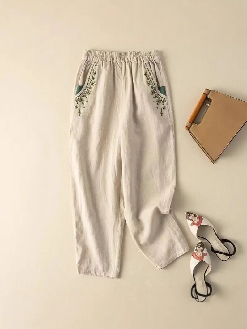 Women Cotton Linen Vintage Embroidered Carrot Pants 2025 - Image 9