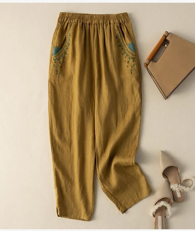 Women Cotton Linen Vintage Embroidered Carrot Pants 2025 — feature 2