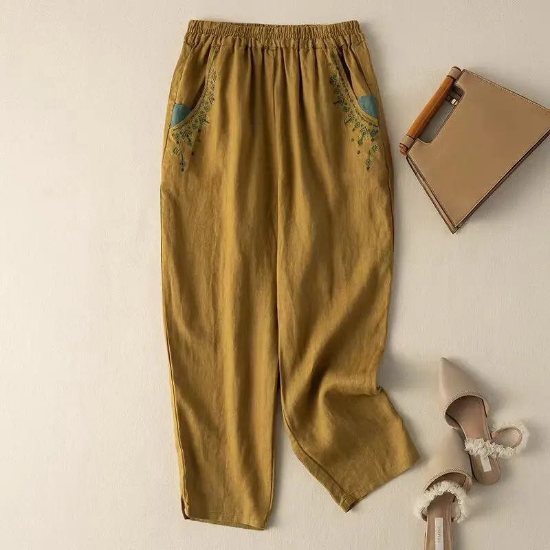 Women Cotton Linen Vintage Embroidered Carrot Pants 2025 - Image 2