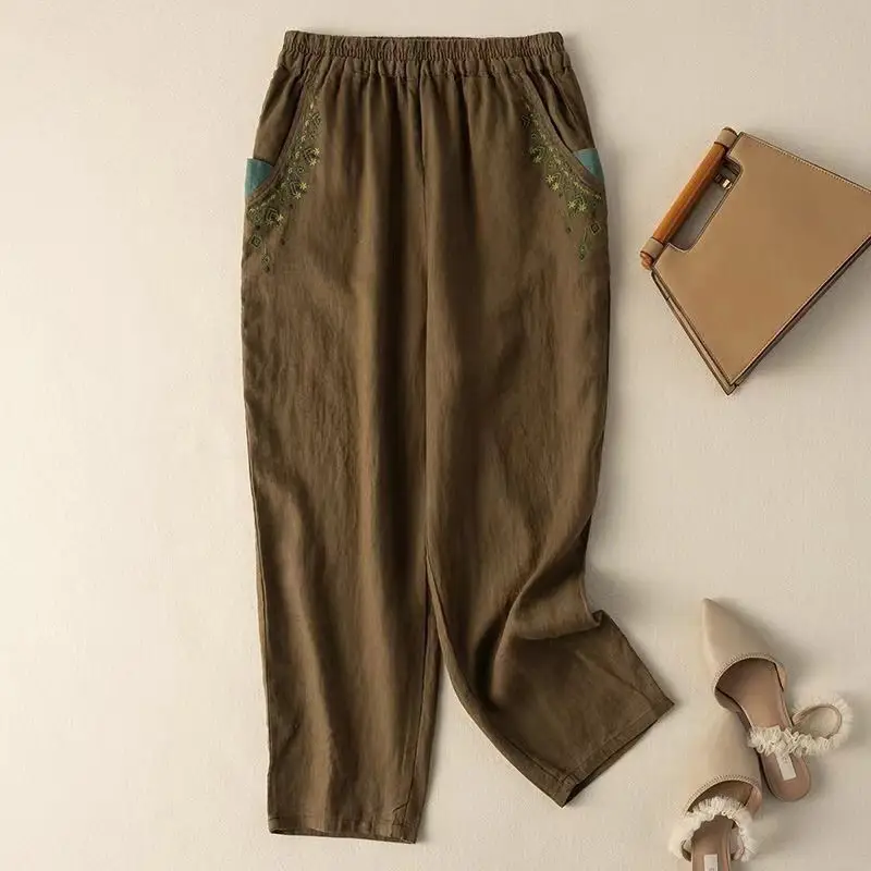 Women Cotton Linen Vintage Embroidered Carrot Pants 2025 - Image 3