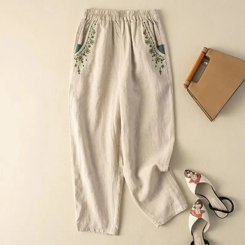 Women Cotton Linen Vintage Embroidered Carrot Pants 2025 - Image 4
