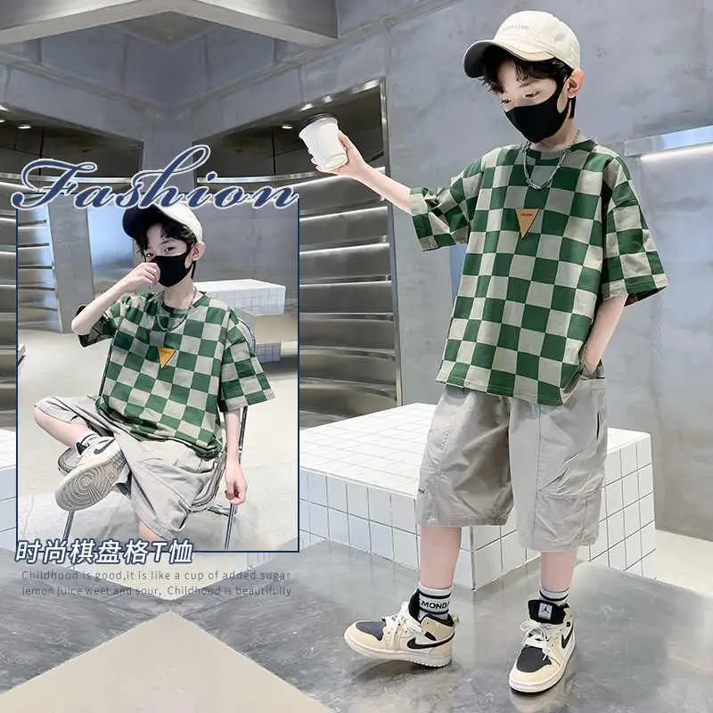 Kids Checkered Green Short Sleeve T-Shirt Summer Cotton - Image 2