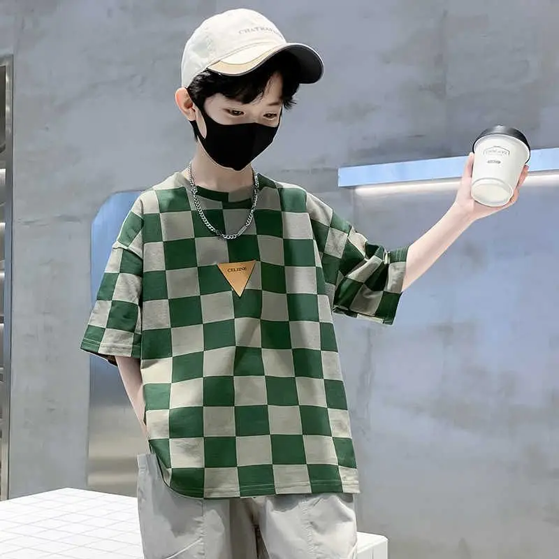 Kids Checkered Green Short Sleeve T-Shirt Summer Cotton - Image 3