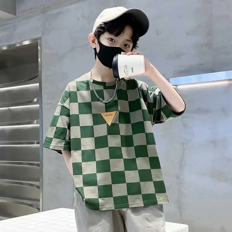 Kids Checkered Green Short Sleeve T-Shirt Summer Cotton - Image 4