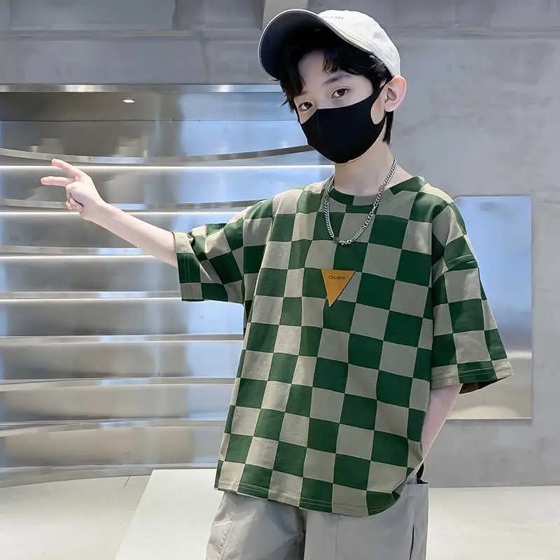 Kids Checkered Green Short Sleeve T-Shirt Summer Cotton - Image 5