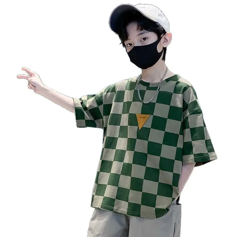 Kids Checkered Green Short Sleeve T-Shirt Summer Cotton - Image 6