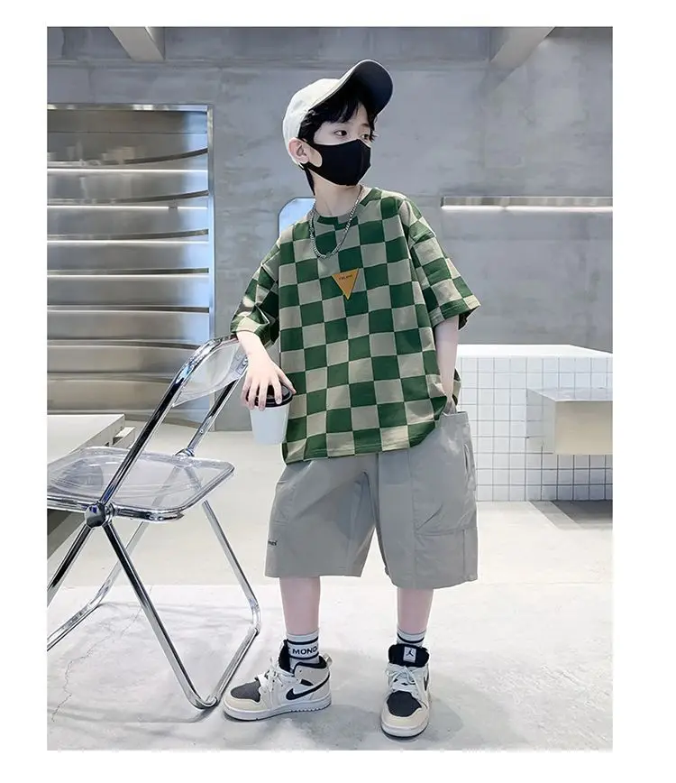 Kids Checkered Green Short Sleeve T-Shirt Summer Cotton — feature 10