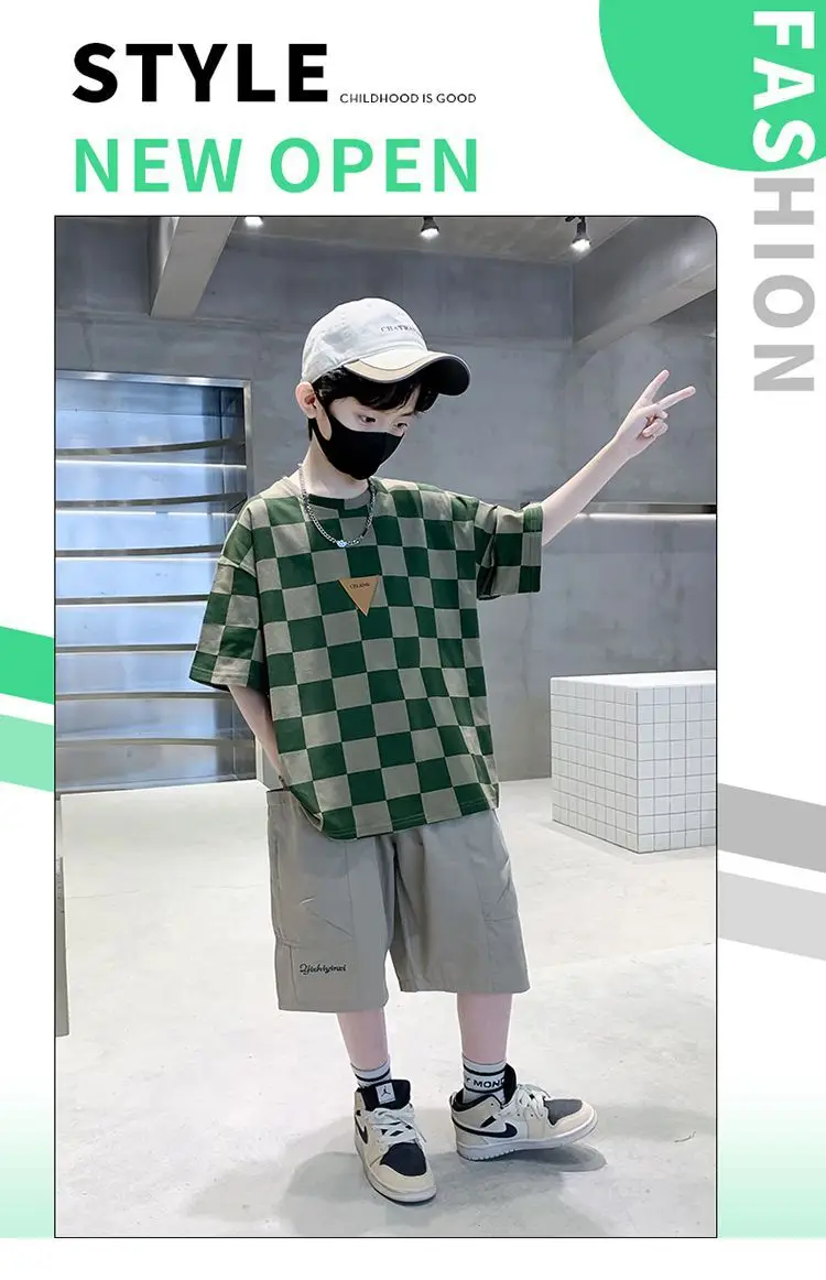 Kids Checkered Green Short Sleeve T-Shirt Summer Cotton — feature 11