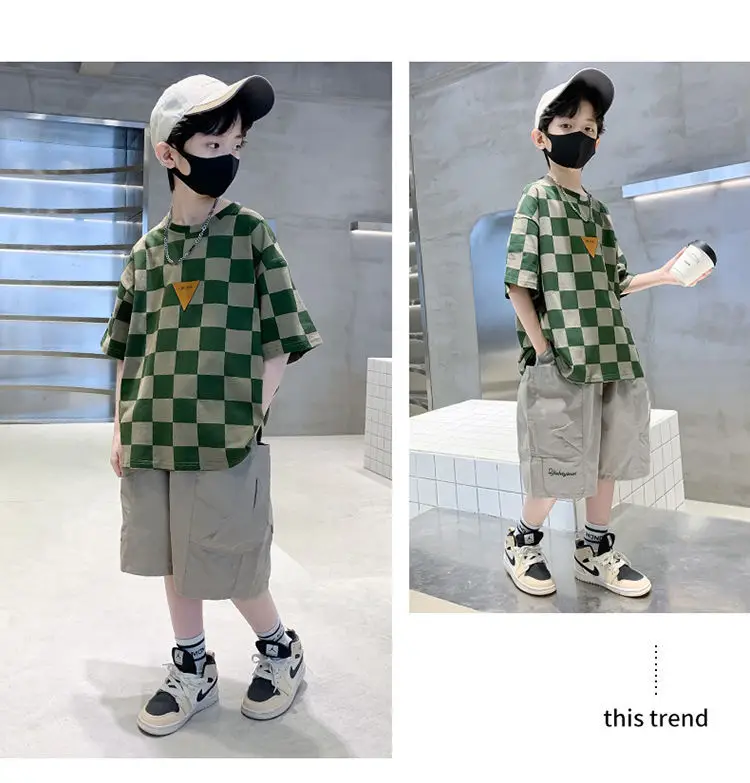 Kids Checkered Green Short Sleeve T-Shirt Summer Cotton — feature 12