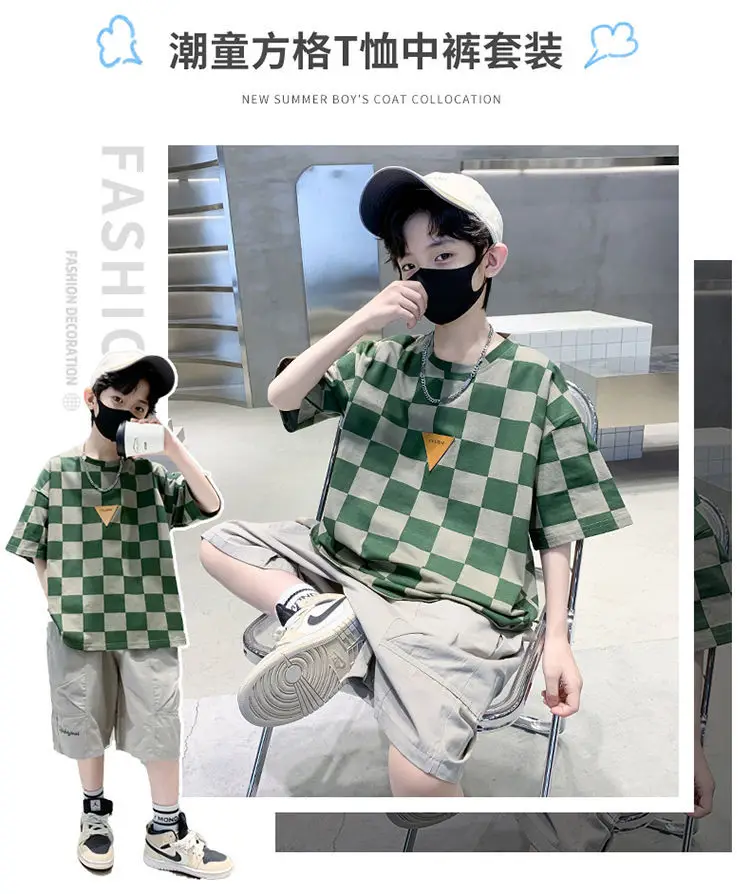 Kids Checkered Green Short Sleeve T-Shirt Summer Cotton — feature 14