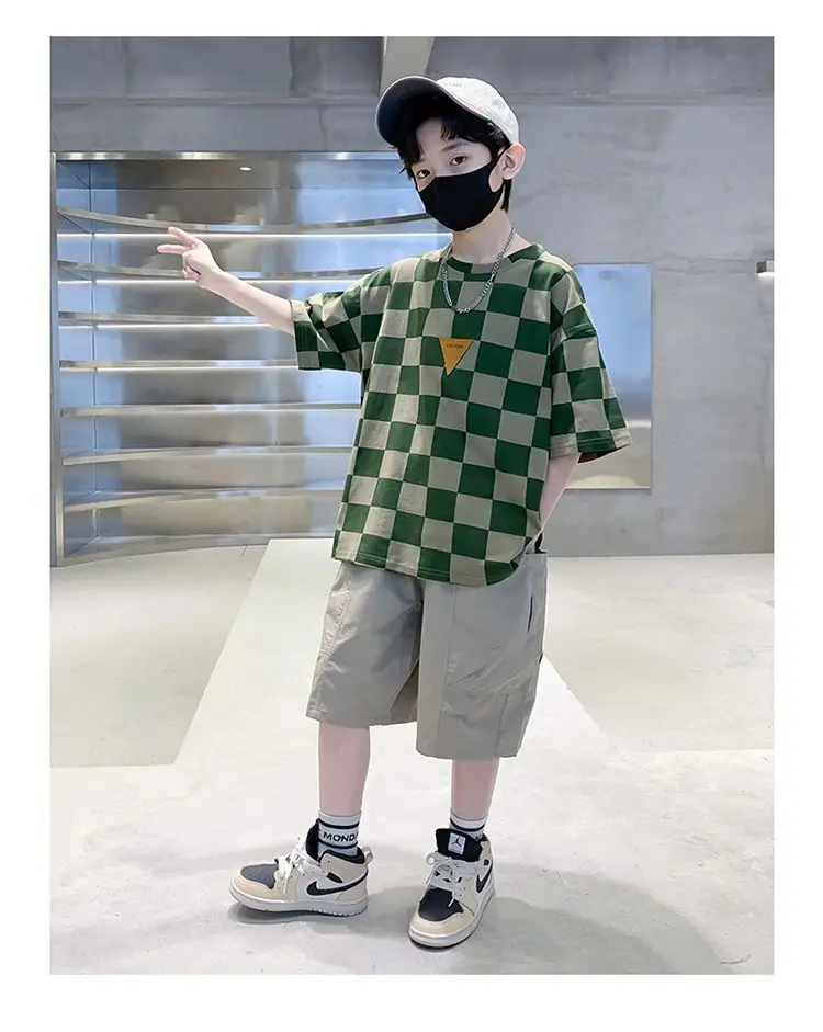 Kids Checkered Green Short Sleeve T-Shirt Summer Cotton — feature 15
